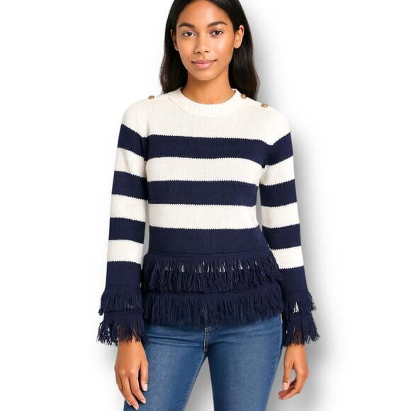 Anthropologie English Factory XS Blue White Striped Fringe Sweater Nautical NWT - Picture 1 of 7